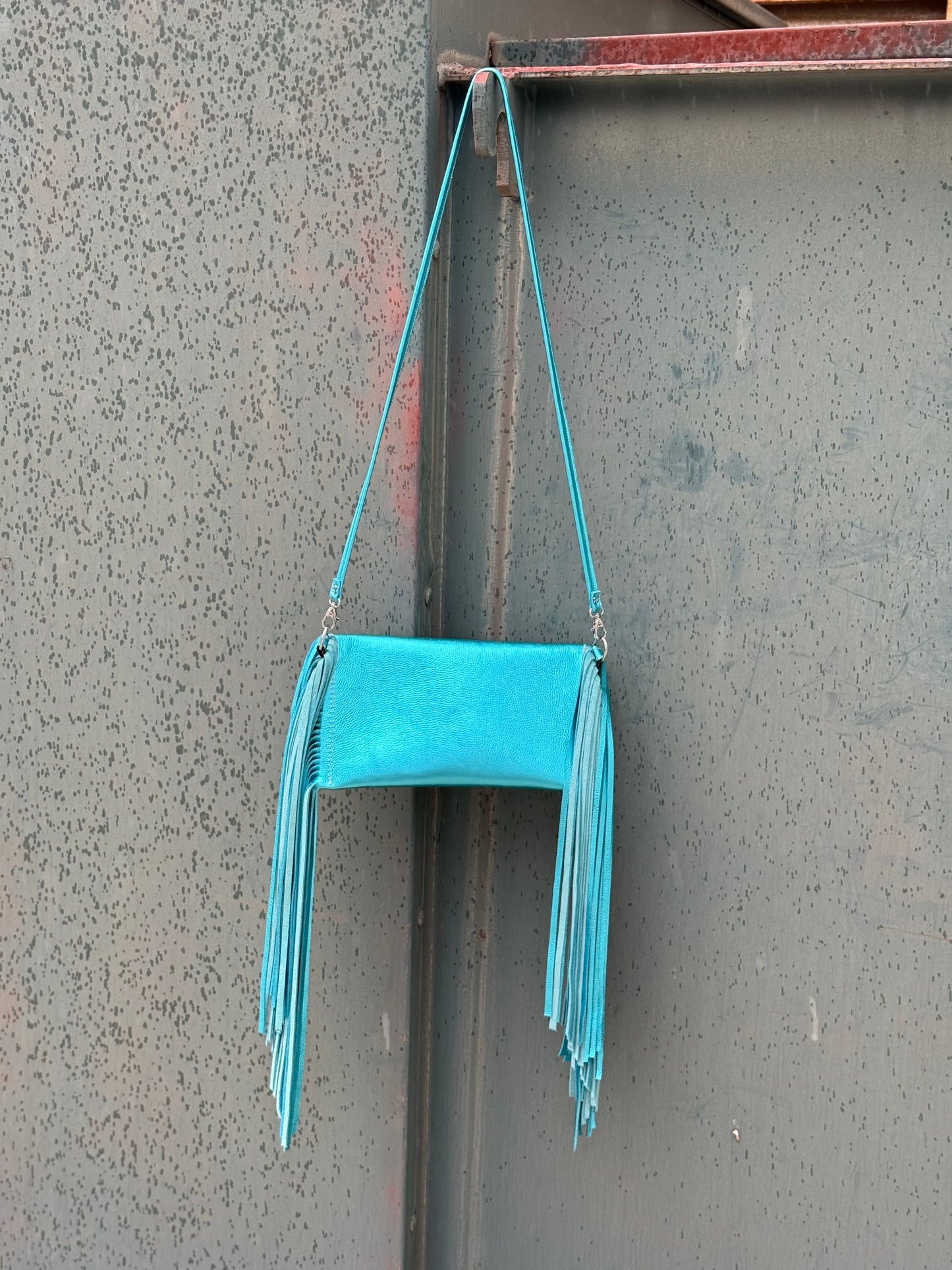 Fringe Clutch- Turquoise Metallic