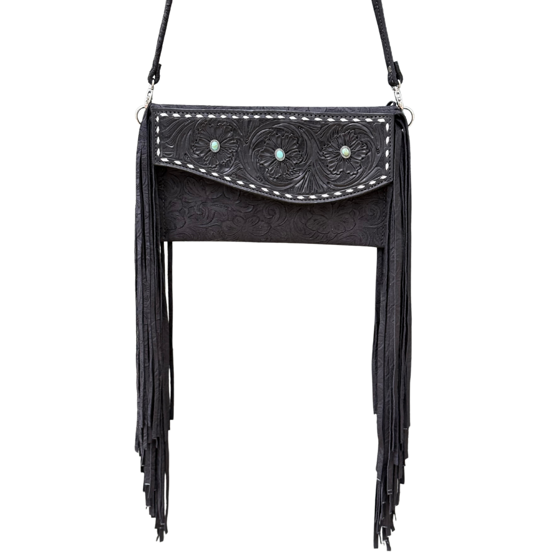 Fringe Clutch- Turquoise Stone (black)