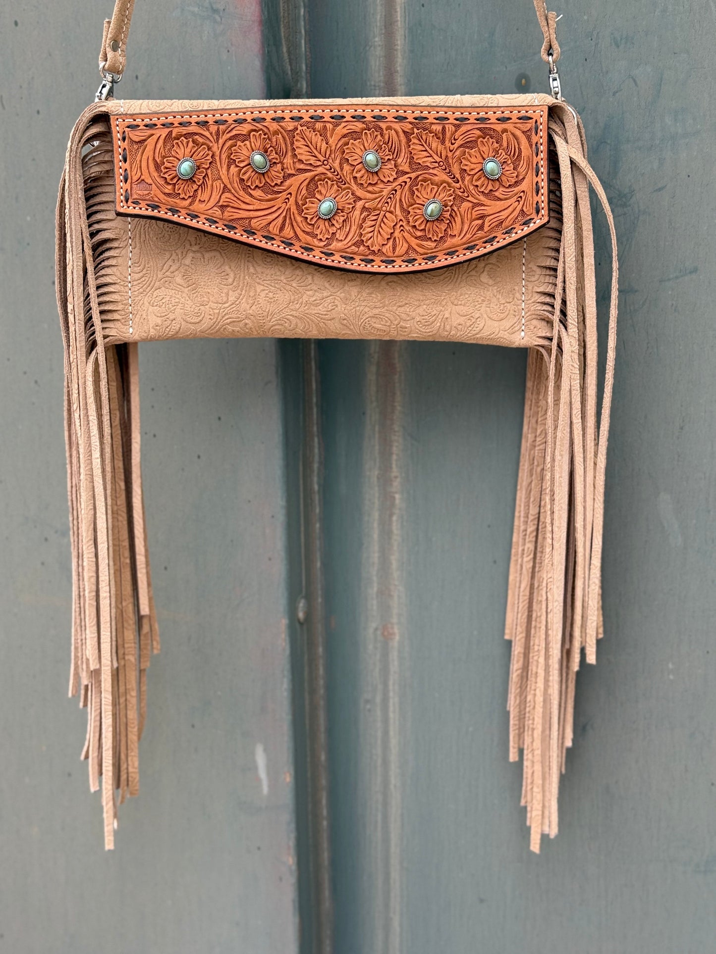 Fringe Clutch- Turquoise Stone (cream)