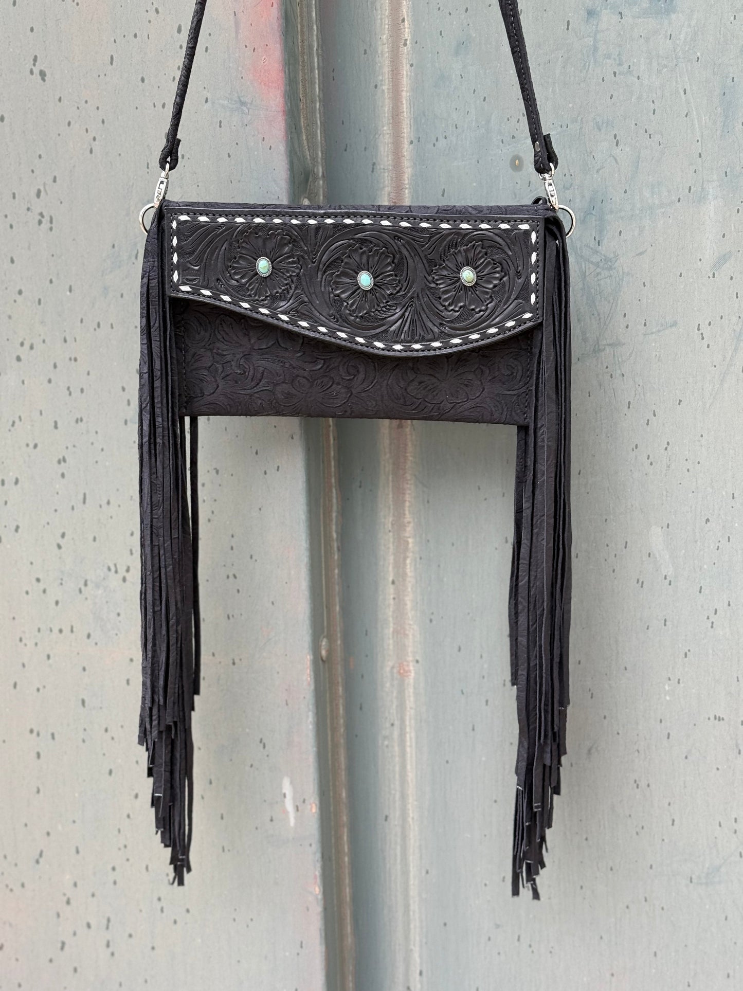 Fringe Clutch- Turquoise Stone (black)