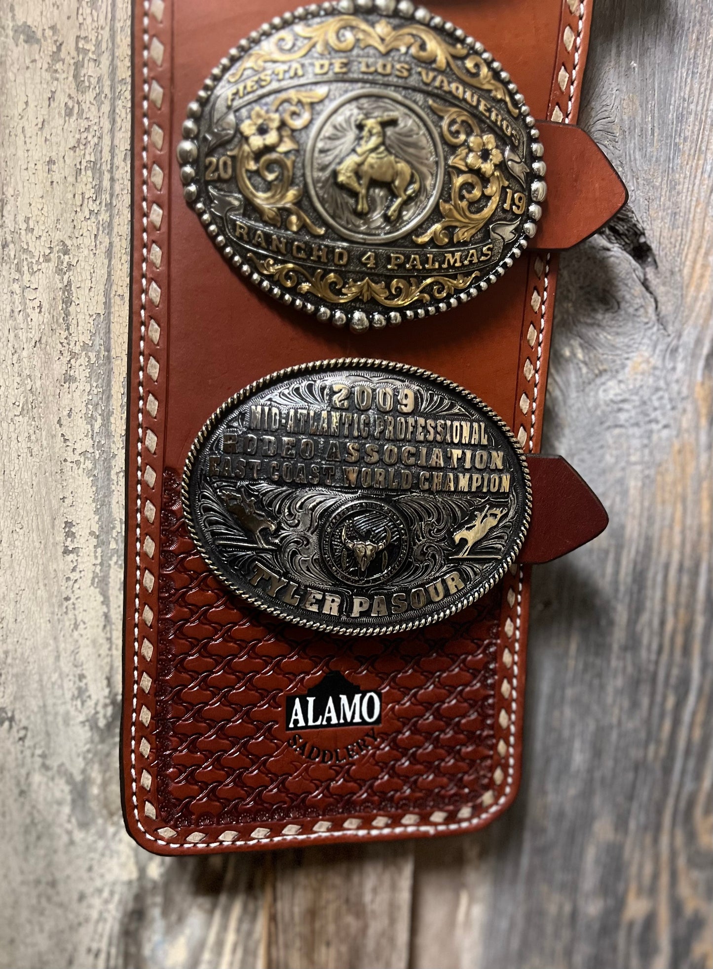 Toast Leather w/ Geo & Cream Buckstitch Buckle Holder